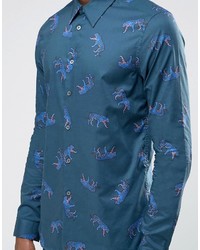 Paul Smith Ps By Smart Shirt With All Over Tiger Print In Tailored Slim Fit Blue