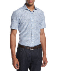 Ermenegildo Zegna Pixel Print Cotton Silk Short Sleeve Shirt Blueblack