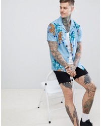 ASOS DESIGN Regular Fit Shirt With Cheetah Hem Print In Blue