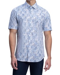 Bugatchi Shaped Fit Abstract Print Short Sleeve Stretch Cotton Button Up Shirt In Classic Blue At Nordstrom