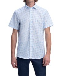 Bugatchi Shaped Fit Print Short Sleeve Button Up Shirt In Sky At Nordstrom