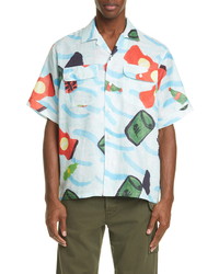 Marni Waste Sea Print Short Sleeve Ramie Button Up Shirt