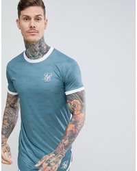 Light Blue Print Silk Crew-neck T-shirt