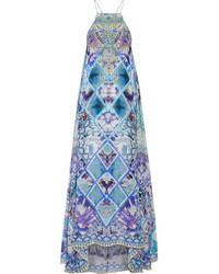 Light Blue Print Silk Maxi Dress