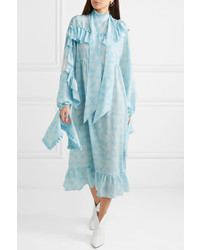 Rokh Ruffled Printed Silk De Chine Midi Dress