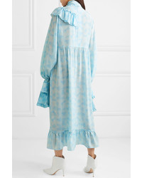 Rokh Ruffled Printed Silk De Chine Midi Dress