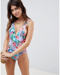 Missguided Tropical Print Plunge Swimsuit