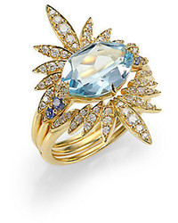 Alexis Bittar Fine Royal Marquis Light Blue Topaz Sapphire Diamond 18k Yellow Gold Convertible Ring Set