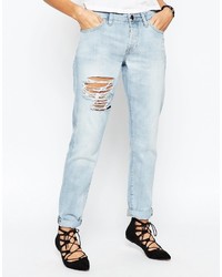 Brady Asos Jeans Asos Low Rise Slim Boyfriend Jeans In Petra Light Wash With Busted Thigh Rip