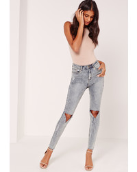 Missguided High Waisted Ripped Knee Skinny Jeans Blue
