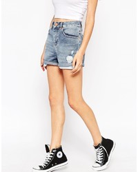 Asos Collection Denim Mom Short In Mid Wash Blue With Exposed Pockets