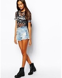 Asos Collection High Waist Denim Shorts With Side Split And Rips In Light Blue Wash