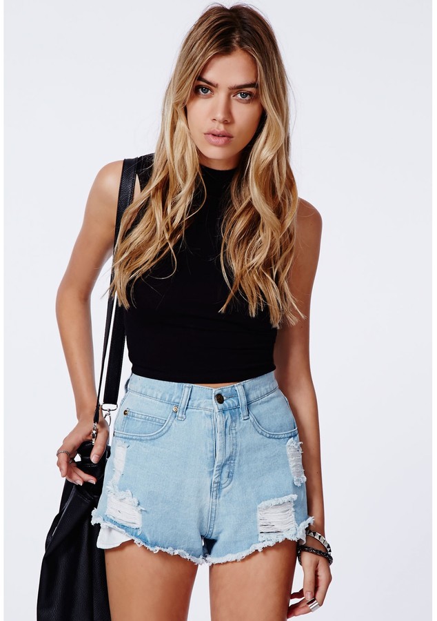 Missguided Nicole High Waisted Ripped Detail Denim Shorts Light ...