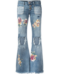 One Teaspoon Distressed Orchid Print Flared Jeans