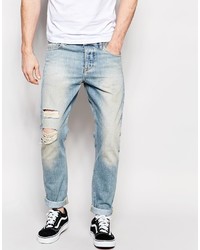 Asos Brand Slim Jeans With Rip And Repair In Bleach Blue