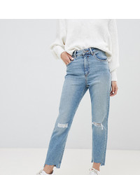 Asos Petite Asos Design Petite Farleigh High Waist Slim Mom Jeans In Light Vintage Wash With Busted Knee And Rip Repair Detail