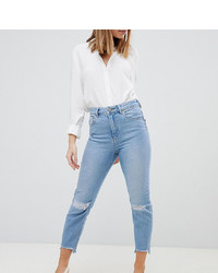 Asos Petite Asos Design Petite Farleigh High Waist Slim Mom Jeans In Zaliki Light Vintage Wash With Busted Knees