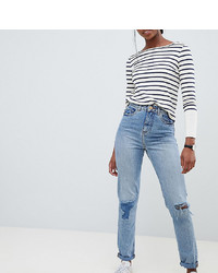 Asos Tall Asos Design Tall Recycled Ritson Rigid Mom Jeans In Divinity Rich Mid Blue Wash With Rip Repair Detail