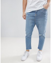ASOS DESIGN Asos Drop Crotch Jeans In Light Wash Blue With Rips