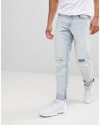 ASOS DESIGN Asos Slim Jeans In Bleach Wash With Rip And Repair