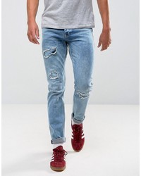 ASOS DESIGN Asos Slim Jeans In Vintage Mid Wash Blue With Rip And Repair
