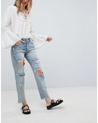 One Teaspoon Awesome Baggies High Waisted Straight Leg Jeans With Rips Storm
