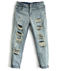 ChicNova Bf Style Stonewashed Light Blue Ripped Denim Jeans