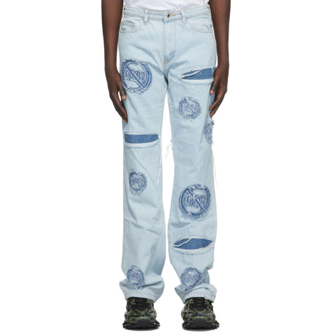 Who Decides War by MRDR BRVDO Blue Anti 666 Logo Jeans, $320 | SSENSE ...