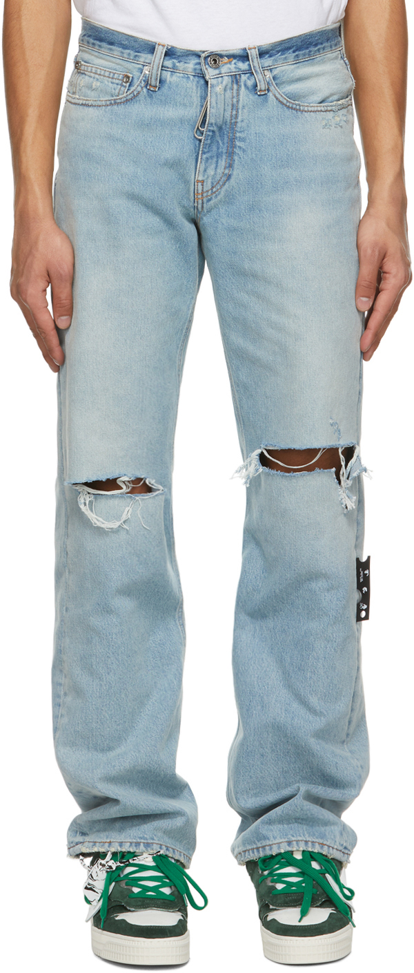 Off-White Blue Diag Relaxed Broken Jeans, $615 | SSENSE | Lookastic