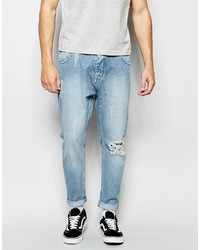 Asos Brand Bow Leg Jeans In Light Blue With Raw Edge Waistband Detail