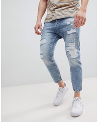 Stradivarius Carrot Fit Jeans With Zips And Abrasion In Light Blue