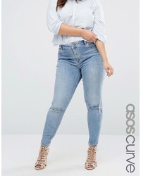 Asos Curve Curve Lisbon Midrise Skinny Jeans In Shelby Light Stonewash With Shredded Knees