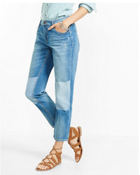 Express Distressed Shadow Mid Rise Patch Girlfriend Jeans