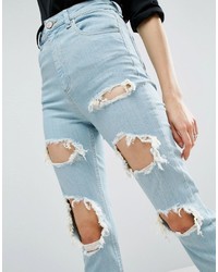 Asos Farleigh High Waist Slim Mom Jeans In Eternal Chalky Light Stonewash With Extreme Rips