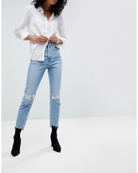 ASOS DESIGN Farleigh High Waist Slim Mom Jeans In Light Vintage Wash With Busted Knee And Rip Repair Detail