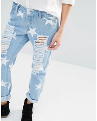Noisy May Girlfriend Ankle Grazer Jeans With All Over Rips Stars