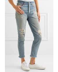 RE/DONE High Rise Ankle Crop Distressed Slim Leg Jeans Blue