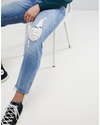 Jack & Jones Intelligence Tapered Fit Jeans With Heavy Distressing Denim