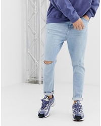 Bershka Join Life Carrot Fit Jeans With Rips And Abrasion In Light Blue