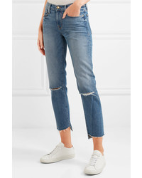 Frame Le Nouveau Distressed High Rise Straight Leg Jeans Mid Denim