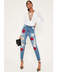 Missguided Blue Embroidered Rose Ripped Mom Jeans