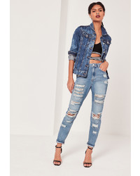 Missguided High Rise Chain Ripped Jeans Mid Blue
