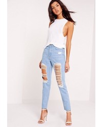 Missguided Petite High Rise Ripped Jeans Stonewash Blue
