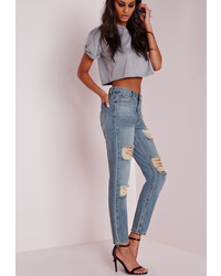 Missguided Retro High Rise Ripped Mom Jeans Vintage Blue