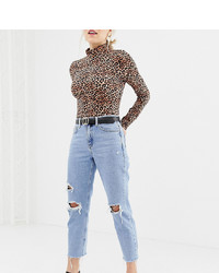 New Look Petite Mom Jean With Rips In Mid Blue
