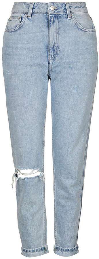 Topshop Super-Rip Petite Distressed Mom Jeans in Bleach Light Wash 31  Waist EUC