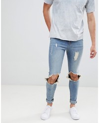Hoxton Denim Muscle Fit Jeans With Busted Knees In Mid Wash