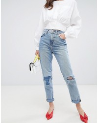 ASOS DESIGN Recycled Ritson Rigid Mom Jeans In Divinity Rich Mid Blue Wash With Rip Repair Detail