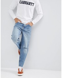 ASOS DESIGN Skater Jeans In Mid Wash Blue With Rips