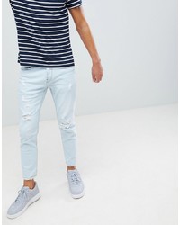 Pull&Bear Slim Jeans In Light Blue With Rips